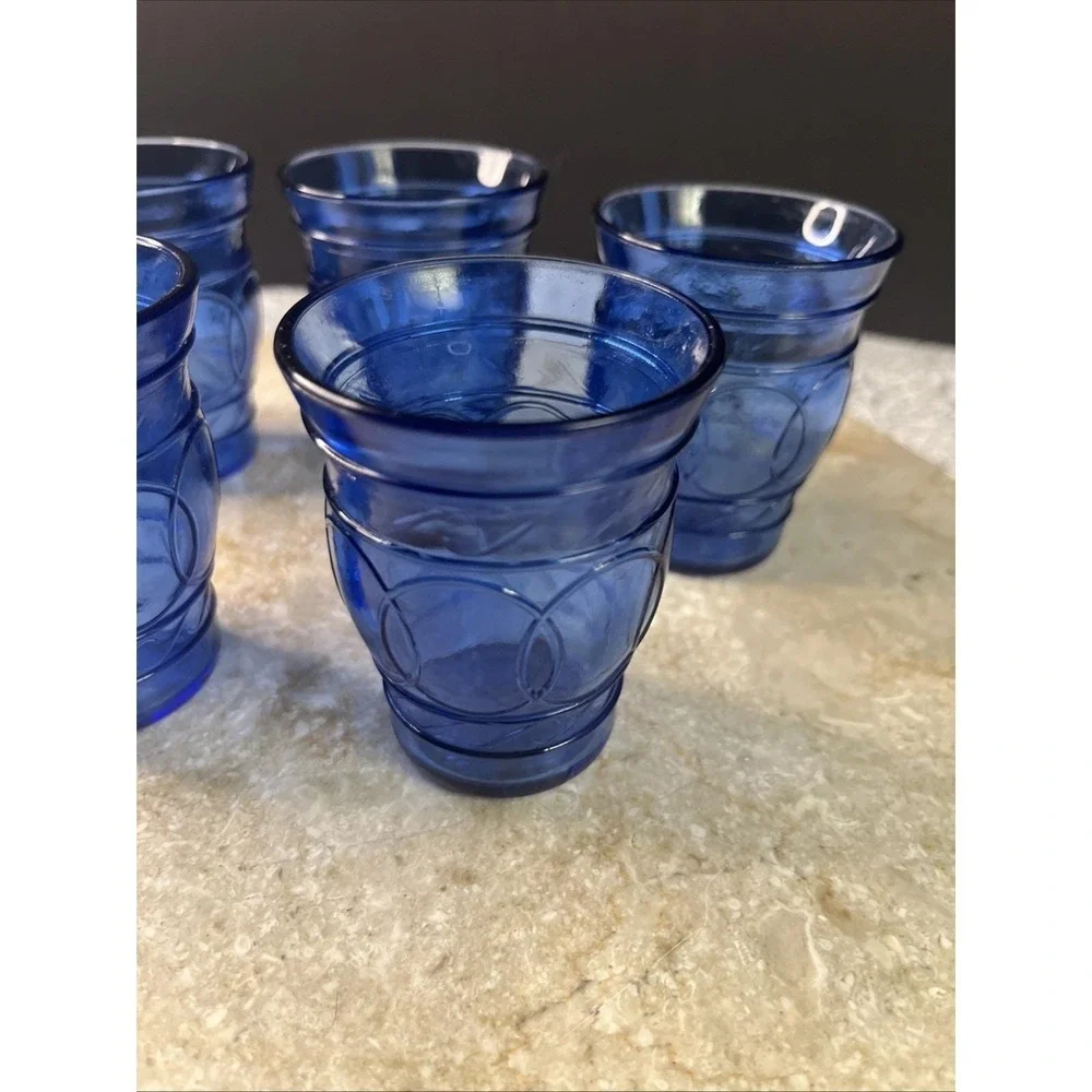 Set Of 5 1930's Hazel Atlas Blue Cobalt Ring of Rings 3 Oz Cordial Shot Glasses